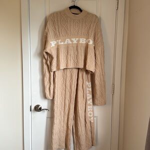 PLAYBOY x Missguided Tan Cable Knit Sweater SET CROP TOP & LEG PANTS (BOTH US 6)